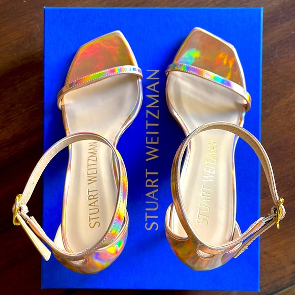 Stuart Weitzman 8.5 Nudistcurve Rose Gold Hologram 4” Heel Sandal